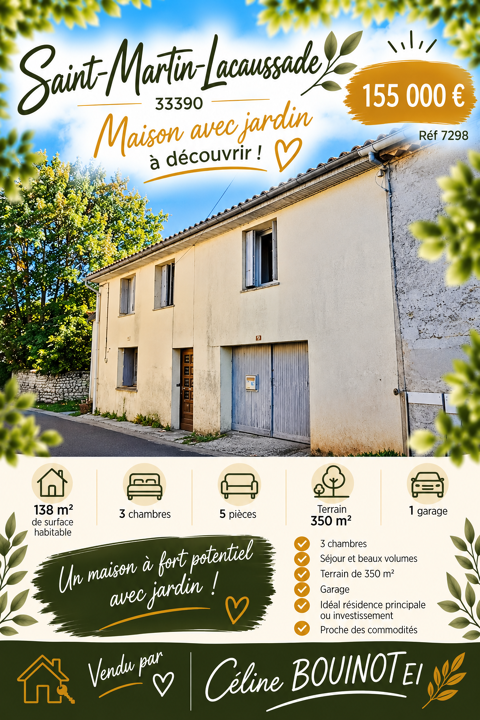   Blaye à pied   Maison 138 m2   3 chambres   Garage   Jardin sans vis-à-vis   DPE D Maison - 5 pièce(s) - 138 m²