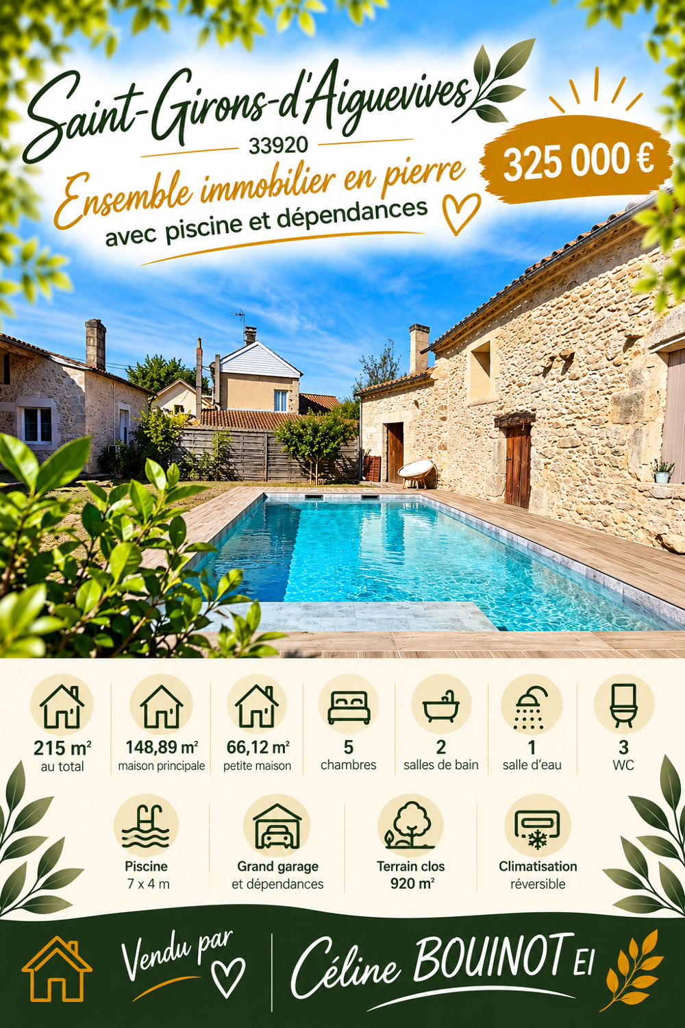 Vente Maison Saint-Giron-d'Aiguevive   Propriété en pierre 215 m2   5 chambres   Piscine   Maison louée St girons d aiguevives