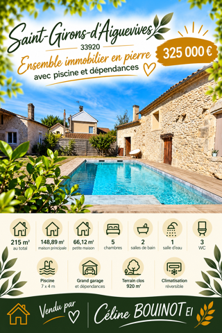 Vente Maison Saint-Giron-d'Aiguevive   Propriété en pierre 215 m2   5 chambres   Piscine   Maison louée St girons d aiguevives