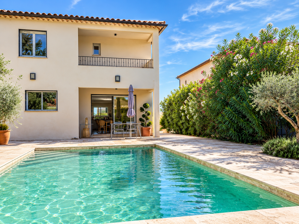 À 20 mn pied du centre dUzès, une villa récente aux beaux volumes, avec piscine et prestations de confort.