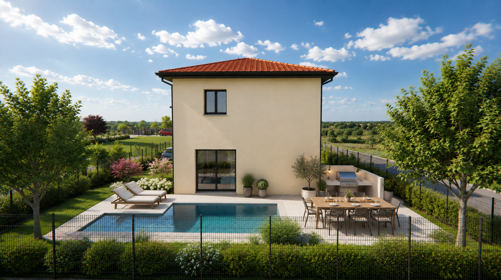 Villa Genas secteur Le Bourg, 92m2 habitables, jardin environ 368m2.