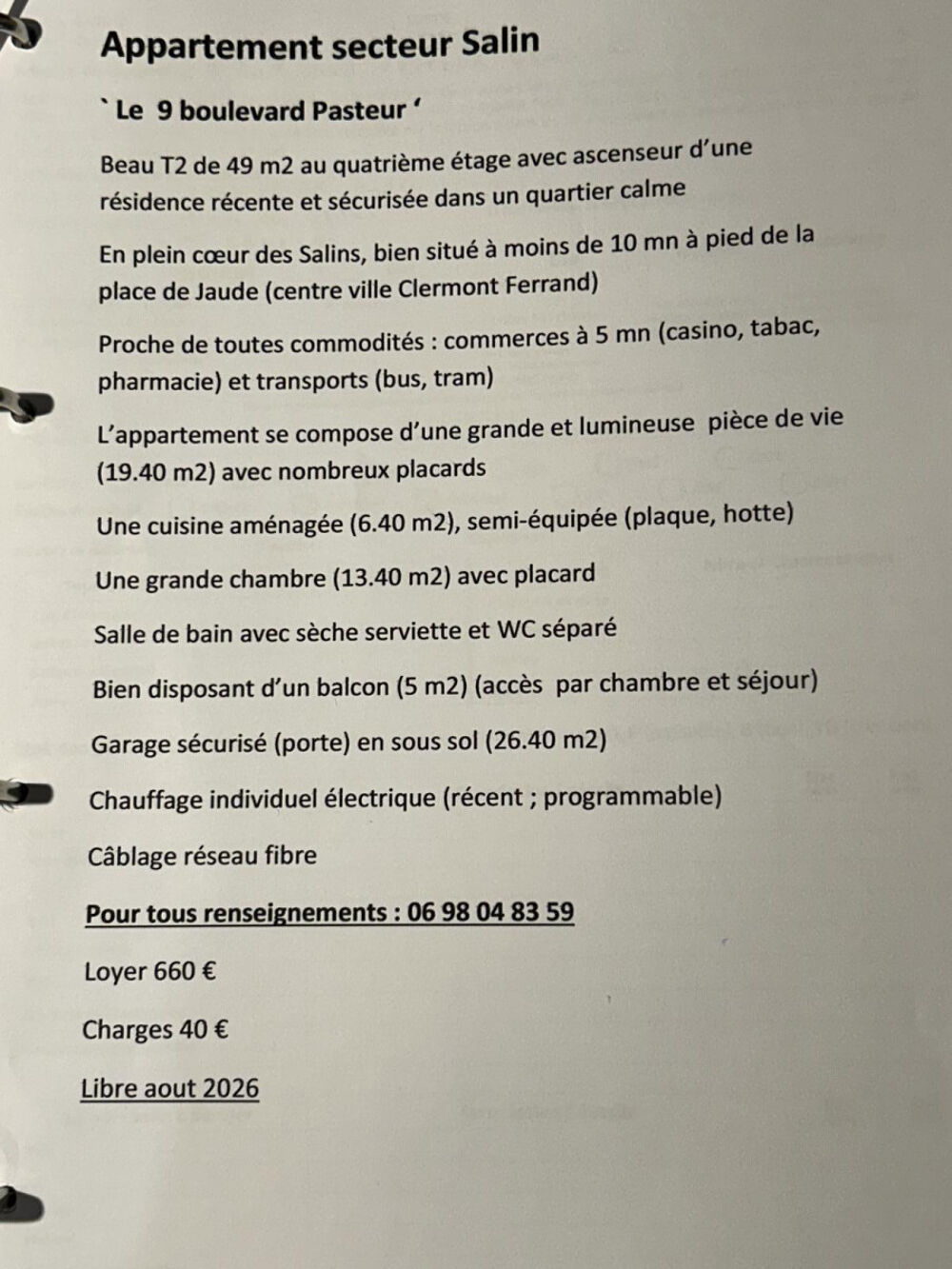 Location Appartement Beau T 2 de 44 m2 dans résidence récente Clermont-ferrand