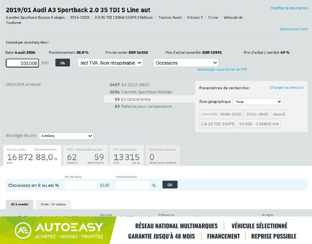 A3 SPORTBACK 2.0 150 S LINE / BOITE AUTO / TRES BON ETAT / GARA 2019 occasion 79000 NIORT