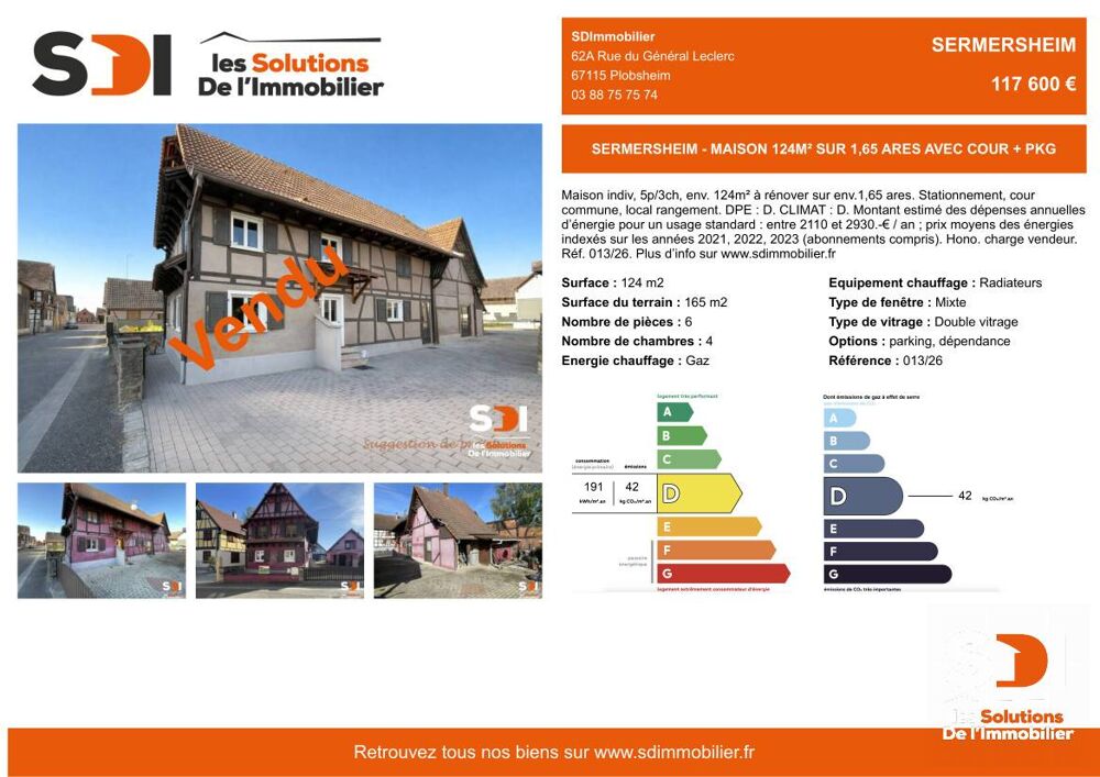 SERMERSHEIM - MAISON 124M² SUR 1,65 ARES AVEC COUR + PKG - SERMERSHEIM
