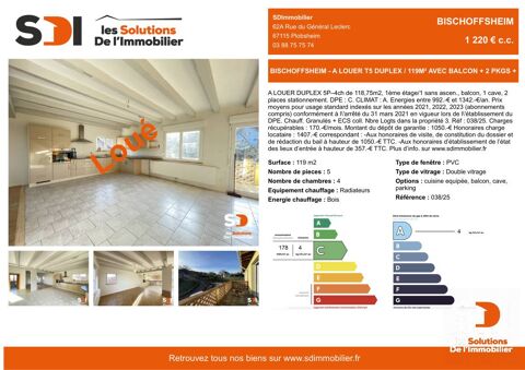   BISCHOFFSHEIM - A LOUER T5 DUPLEX / 119M� AVEC BALCON + 2 PKGS + CAVE - BISCHOFFSHEIM Appartement - 5 pi�ce(s) - 119 m�