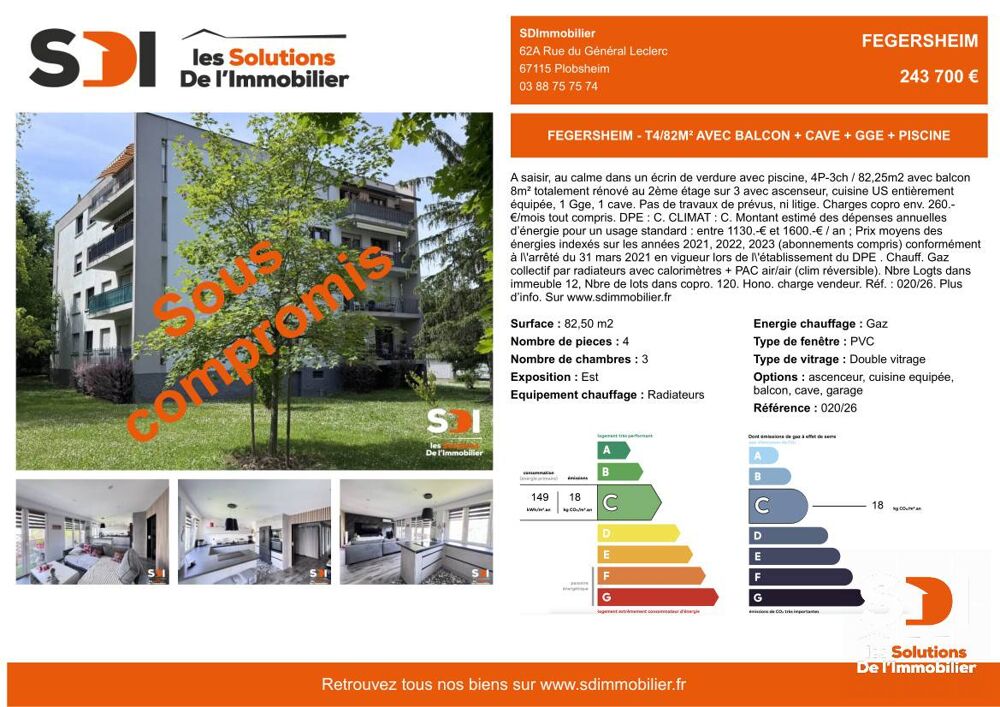 FEGERSHEIM - T4/82M² AVEC BALCON + CAVE + GGE + PISCINE - FEGERSHEIM