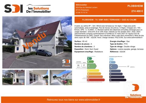   PLOBSHEIM - T4 / 85M² AVEC TERRASSE + GGE AU CALME - PLOBSHEIM Appartement - 4 pièce(s) - 85 m²