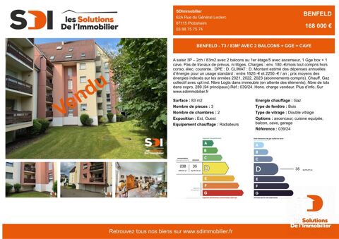   BENFELD - T3 / 83M AVEC 2 BALCONS + GGE + CAVE - BENFELD Appartement - 3 pice(s) - 83 m