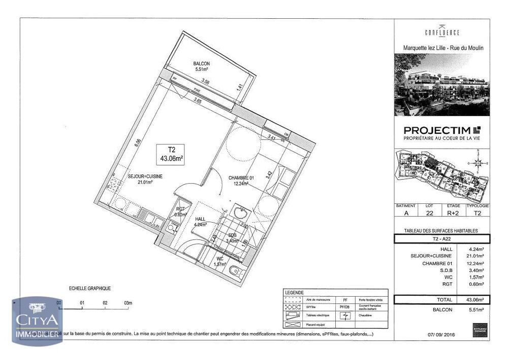 location Appartement - 2 pièce(s) - 44 m² Marquette-lez-Lille (59520)
