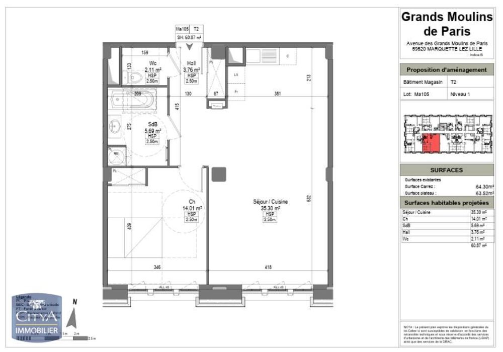 location Appartement - 2 pièce(s) - 60 m² Marquette-lez-Lille (59520)