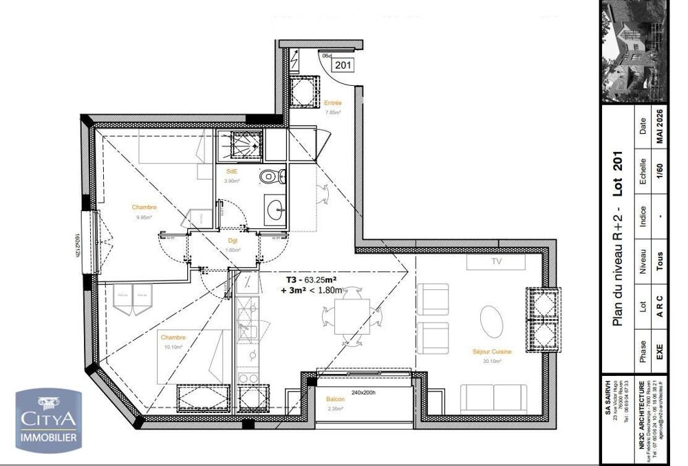 location Appartement - 3 pièce(s) - 63 m² Rouen (76000)