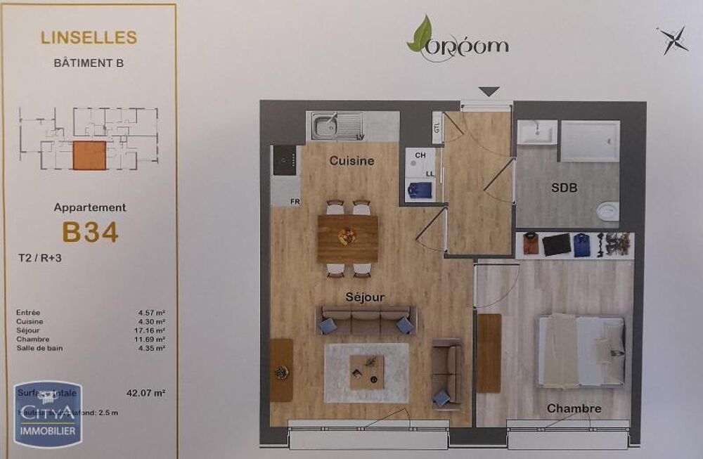 EXCLUSIVITÉ - APPARTEMENT 2 PIÈCES À louer : à LINSELLES....