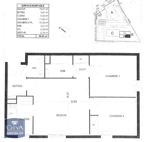  Appartement � louer 3 pi�ces 59 m�