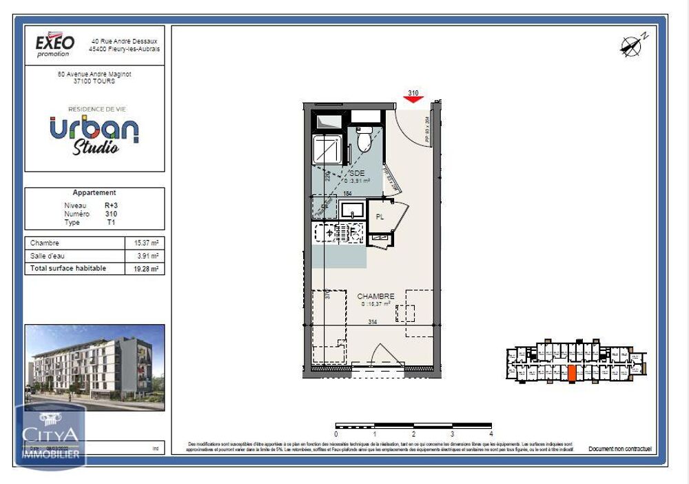 location Appartement - 1 pièce(s) - 19 m² Tours (37100)