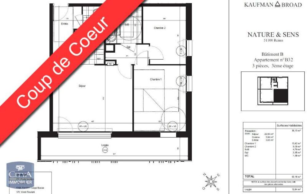 location Appartement - 3 pièce(s) - 62 m² Reims (51100)