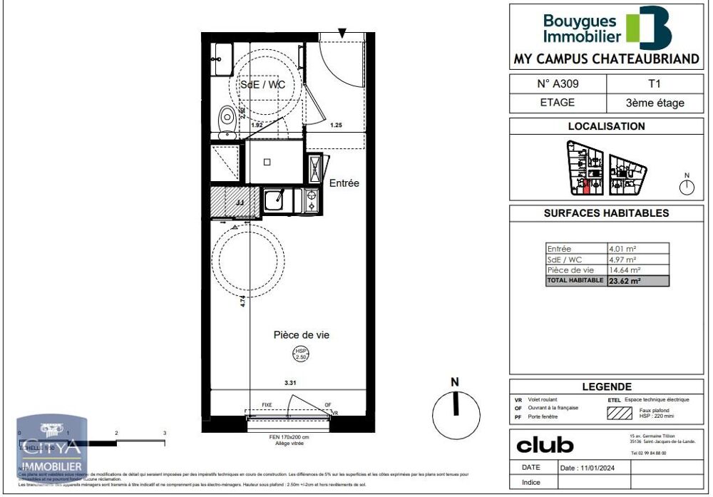 location Appartement - 1 pièce(s) - 24 m² Rennes (35000)