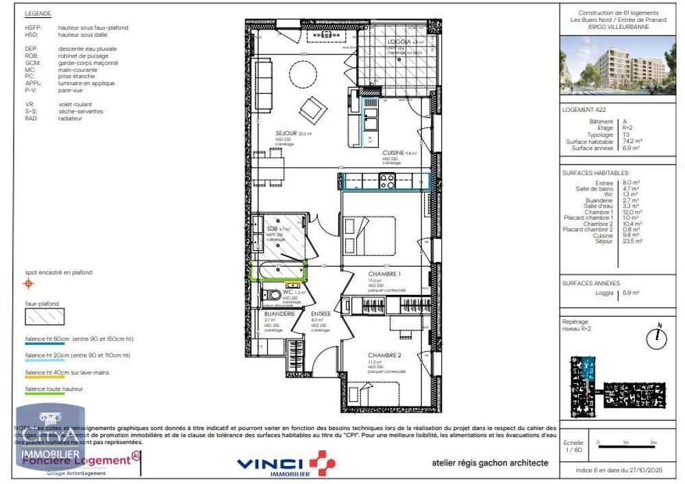 location Appartement - 3 pièce(s) - 74 m² Villeurbanne (69100)
