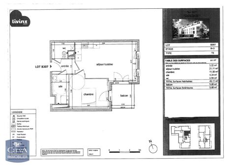   Location Appartement Appartement - 2 pice(s) - 43 m
