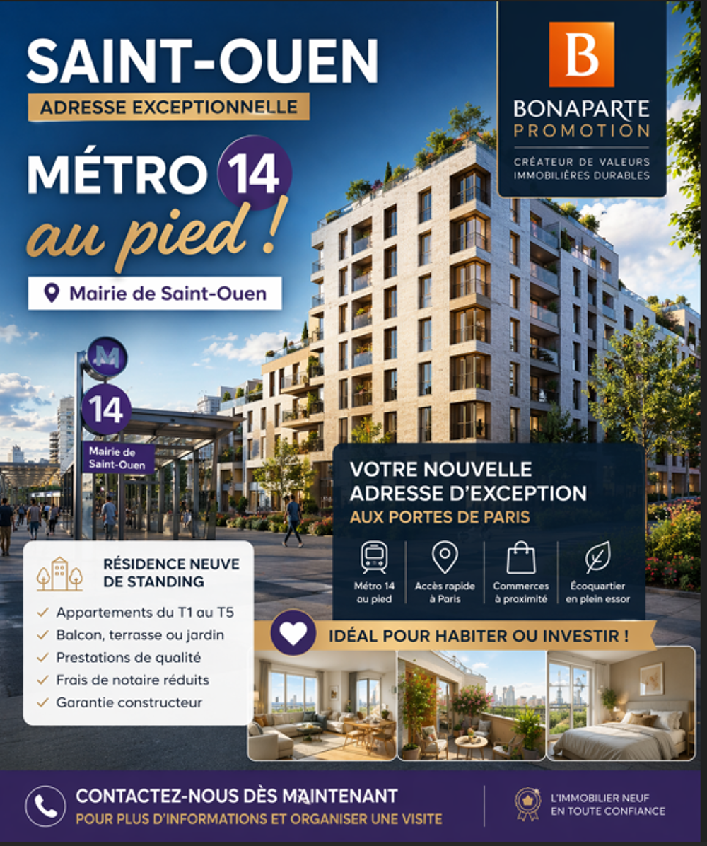 Vente Appartement EXCEPTIONNEL A SAINT-OUEN – EN FACE DU MÉTRO 14 MAIRIE DE SAINT-OUEN St ouen sur seine