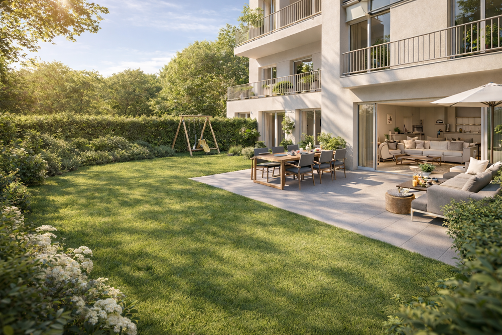 VOTRE MAISON EN APPARTEMENT  4 PIÈCES de 82m² AVEC JARDIN 70 m² + PKG  À 10 MIN DE LA GARE