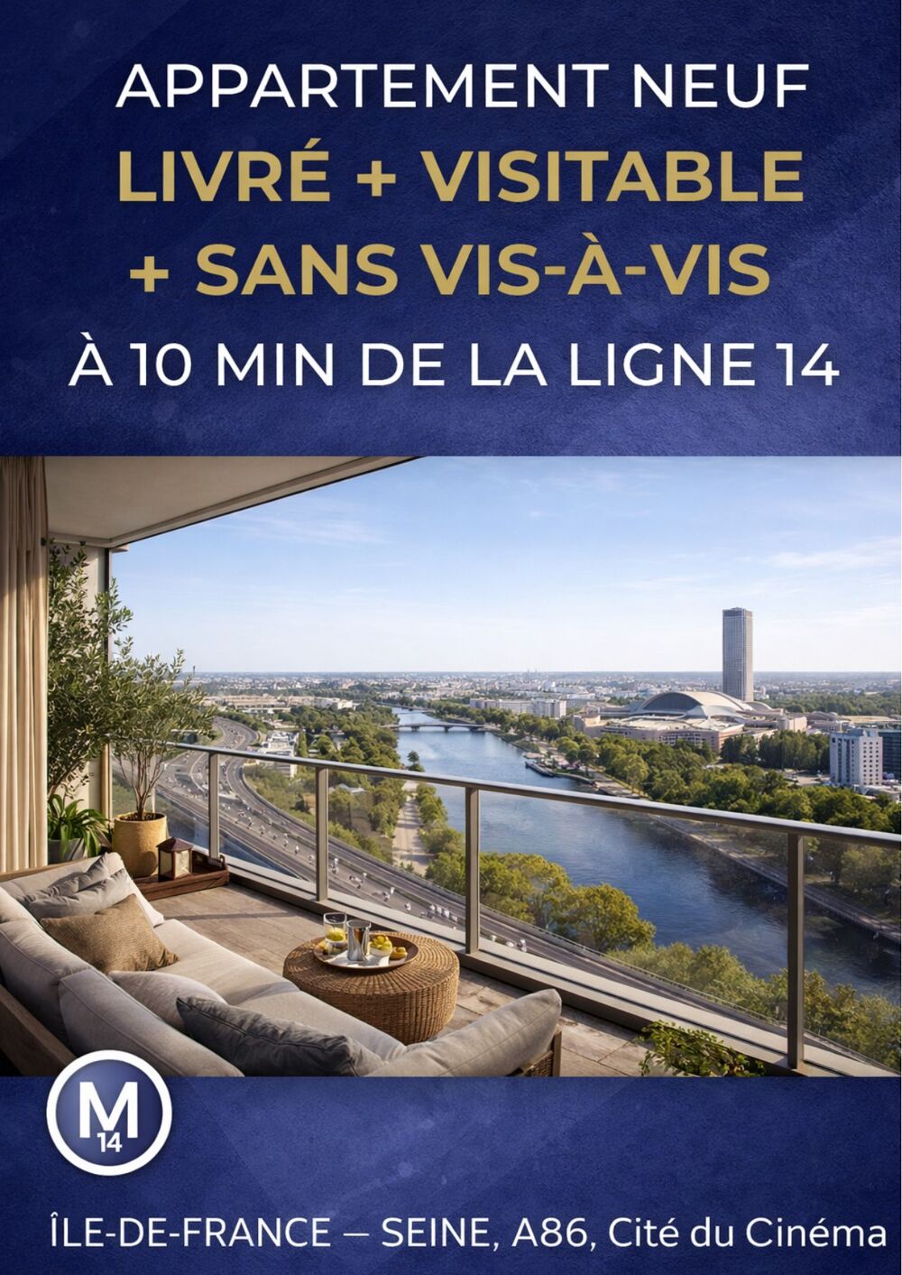 Vente Appartement LIVRE T2 NEUF DE 44M² + BALCON 10M² SANS VIS A VIS VUE SEINE A 10 MIN DE LA LIGNE 14 St ouen sur seine