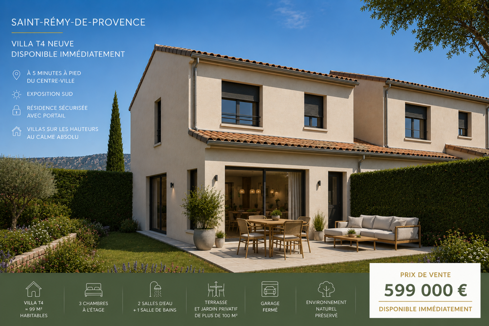 Vente Maison Villa T4 neuve de 100 m² disponible immédiatement avec jardin, garage dans résidence sécurisée avec St remy de provence