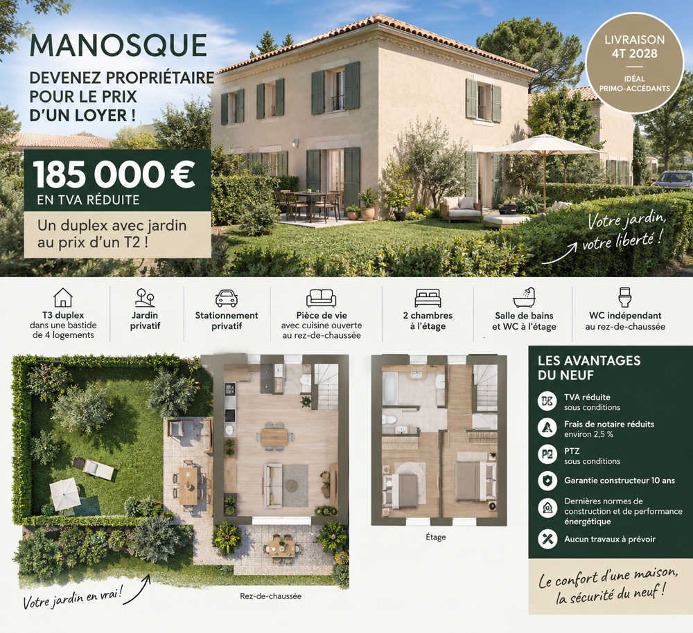 Vente Appartement MANOSQUE – T3 DUPLEX AVEC JARDIN – 185 000 € EN TVA RÉDUITE Manosque