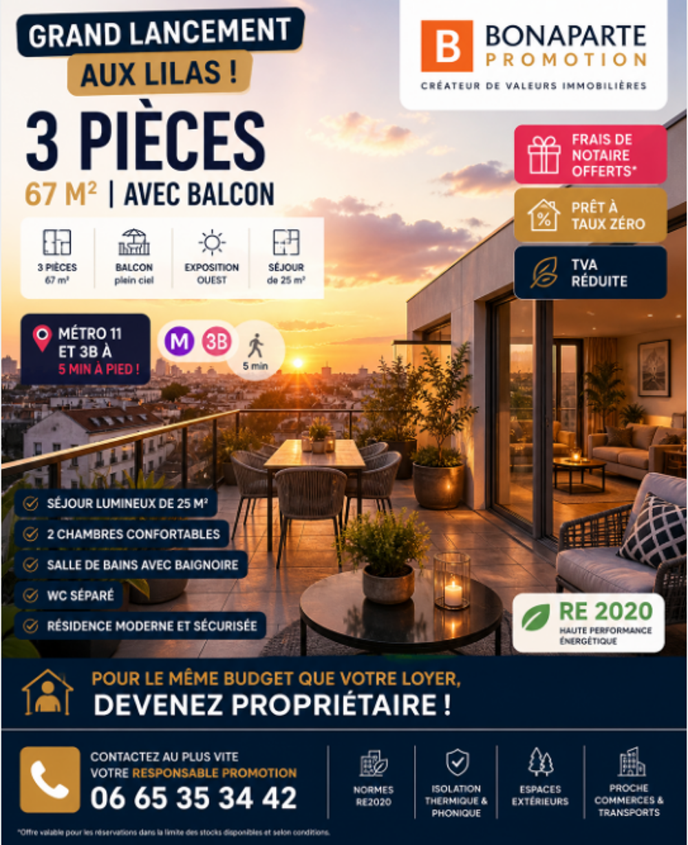 Vente Appartement OPPORTUNITÉ RARE AUX LILAS – À 2 PAS DE PARIS !!! LIVRAISON RAPIDE Les lilas