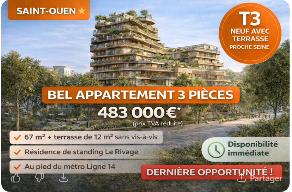 Vente Appartement RETOUR DE LOT URGENT / ST OUEN- T3 61 m² + Terrasse - Résidence Standing FACE A LA SEINE St ouen sur seine