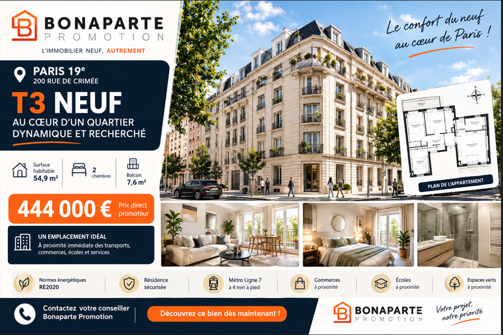 Vente Appartement PARIS 19e – T3 NEUF PROCHE METRO – DERNIÈRE OPPORTUNITÉ ! Paris 19