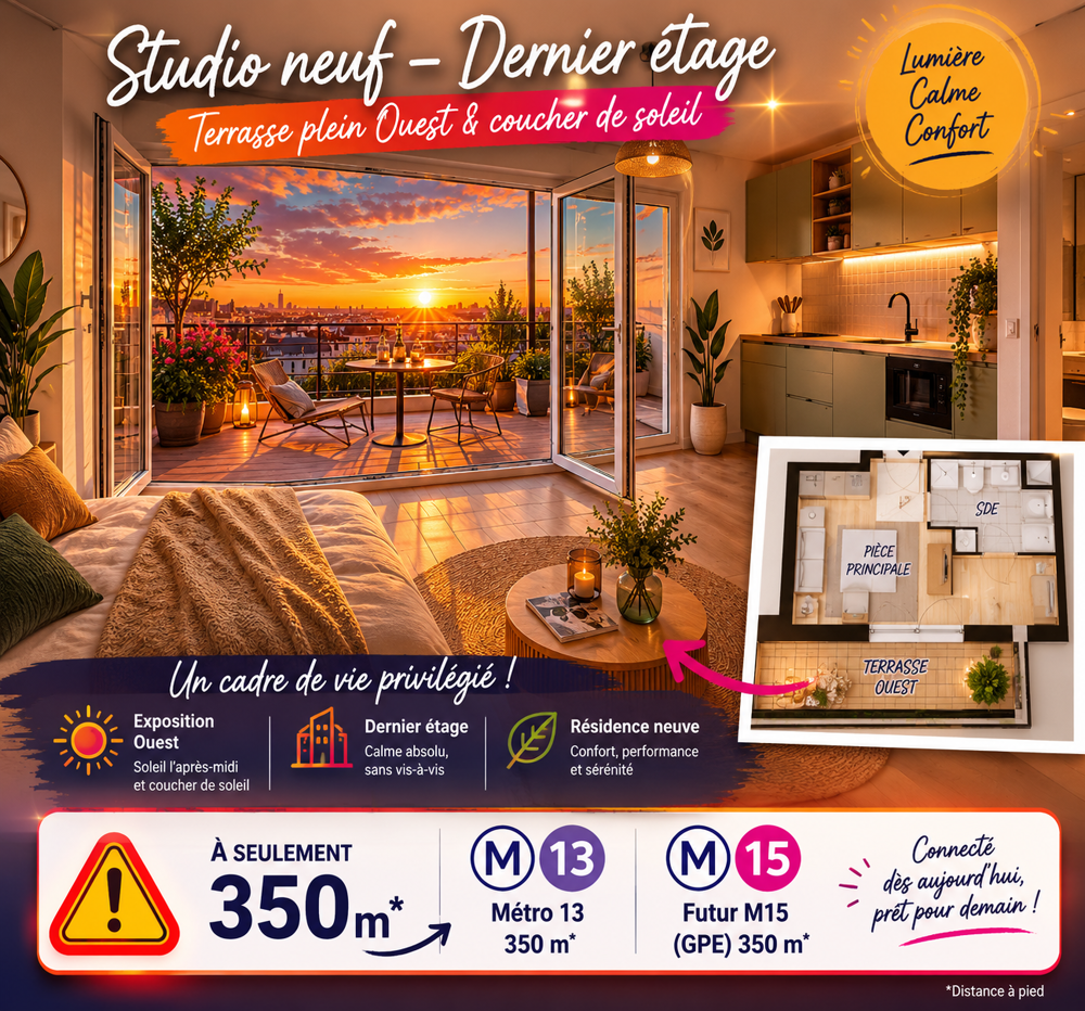 Vente Appartement FRAIS DE NOTAIRE OFFERTS STUDIO 23m² DERNIER ETAGE TERRASSE  10m²  A 350M M13+M15 Asnieres sur seine