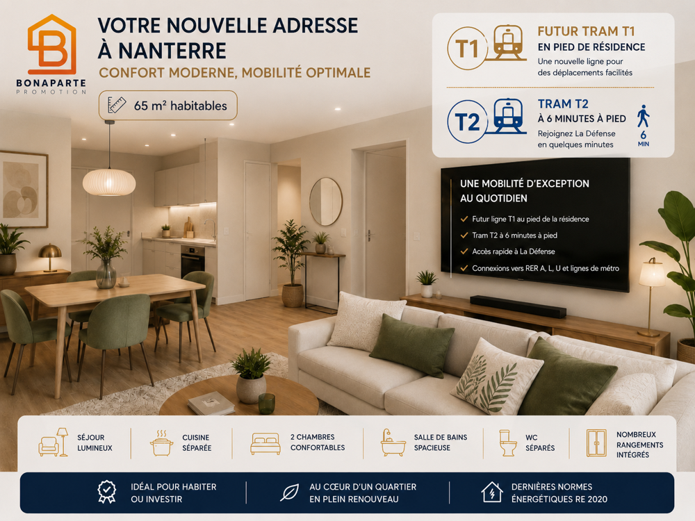 Vente Appartement retour a la vente A 500M du TRAM T2- 3 pièces optimisé avec parking- Nanterre