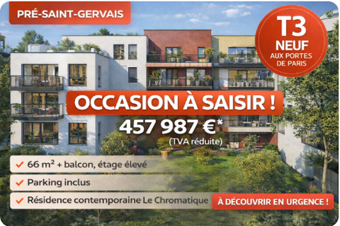   RETOUR DE LOT T3 NEUF D'EXCEPTION � TVA R�DUITE � AUX PORTES DE PARIS AU PRE SAINT GERVAIS Appartement - 3 pi�ce(s) - 66 m�