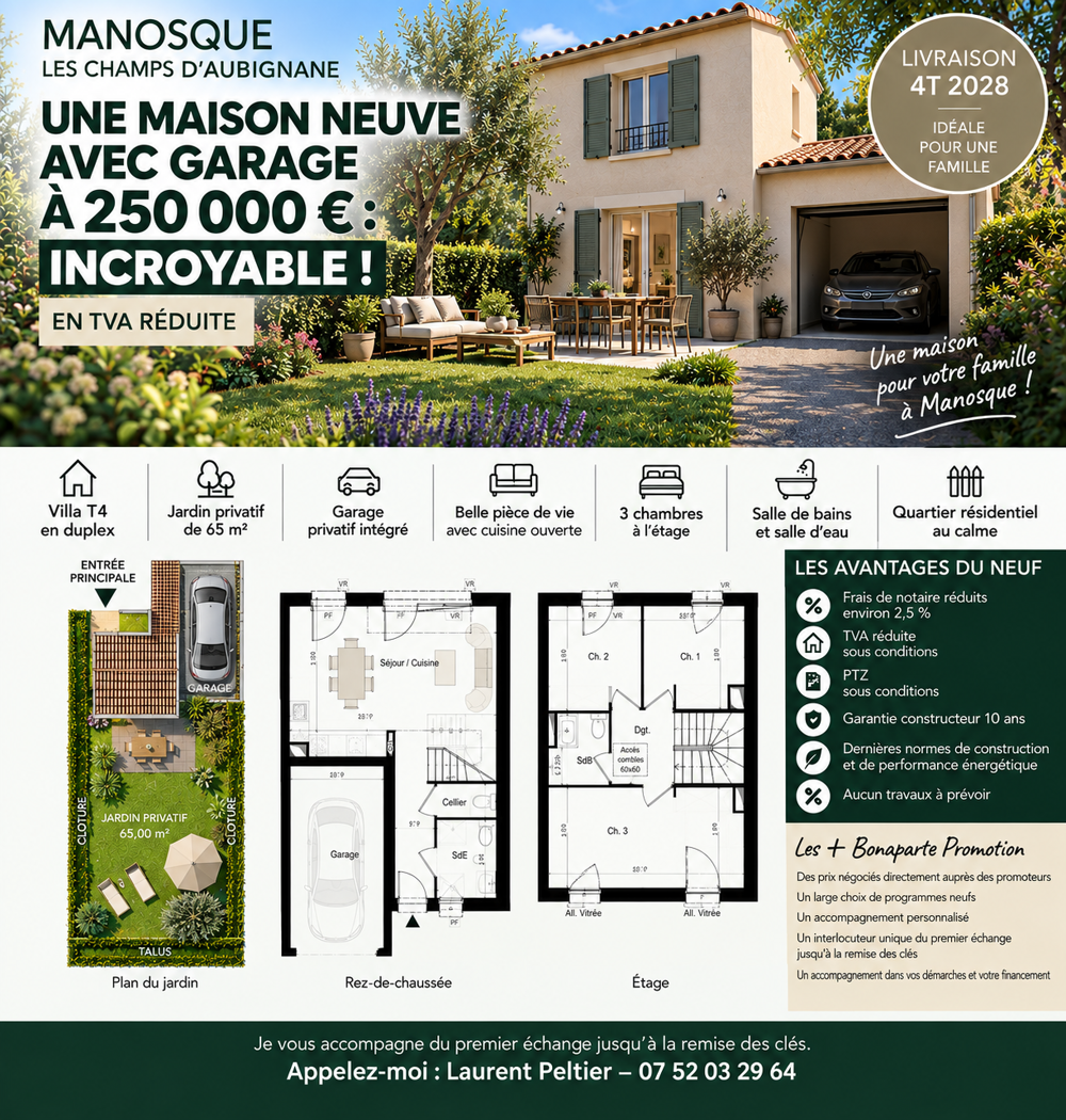 Vente Maison MANOSQUE – VILLA T4 AVEC GARAGE ET JARDIN – 250 000 € Manosque