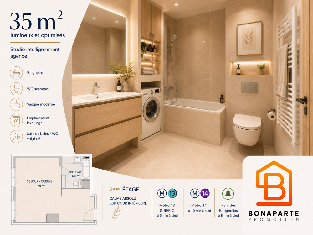 Vente Appartement Grand studio neuf en étage - 35 m² optimisés, intérieur de résidence, idéal premier achat ou investi Paris 17