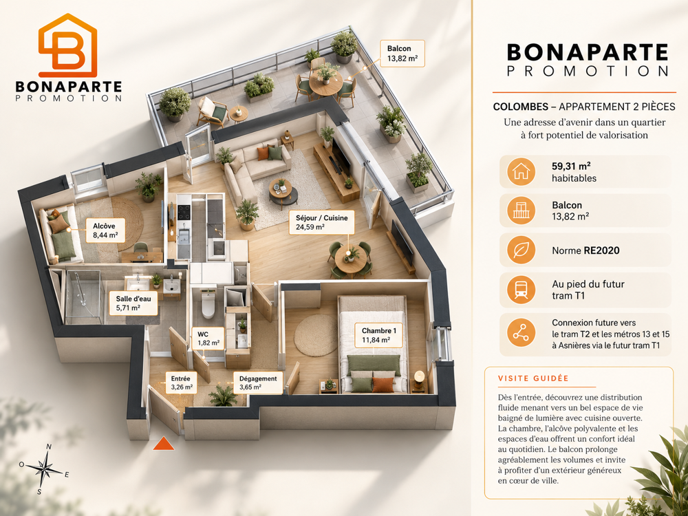 Vente Appartement DERNIER ÉTAGE – 59 M² – BALCON DE 14 M² – 2 PIÈCES ÉVOLUTIF FUTUR TRAM T1 EN PIED DE RESIDENCE ET AC Colombes
