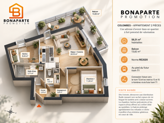 Vente Appartement DERNIER ÉTAGE – 59 M² – BALCON DE 14 M² – 2 PIÈCES ÉVOLUTIF FUTUR TRAM T1 EN PIED DE RESIDENCE ET AC Colombes
