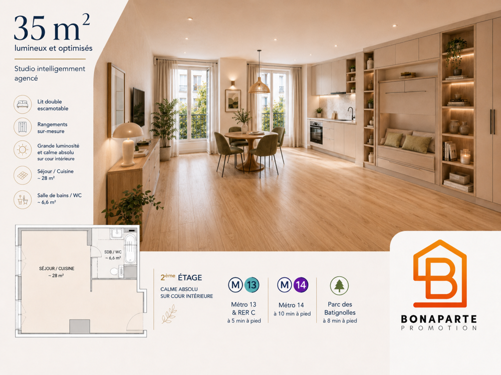 Vente Appartement Grand studio neuf en étage A 100M de PARIS - 35 m² optimisés, intérieur de résidence, idéal premier Clichy
