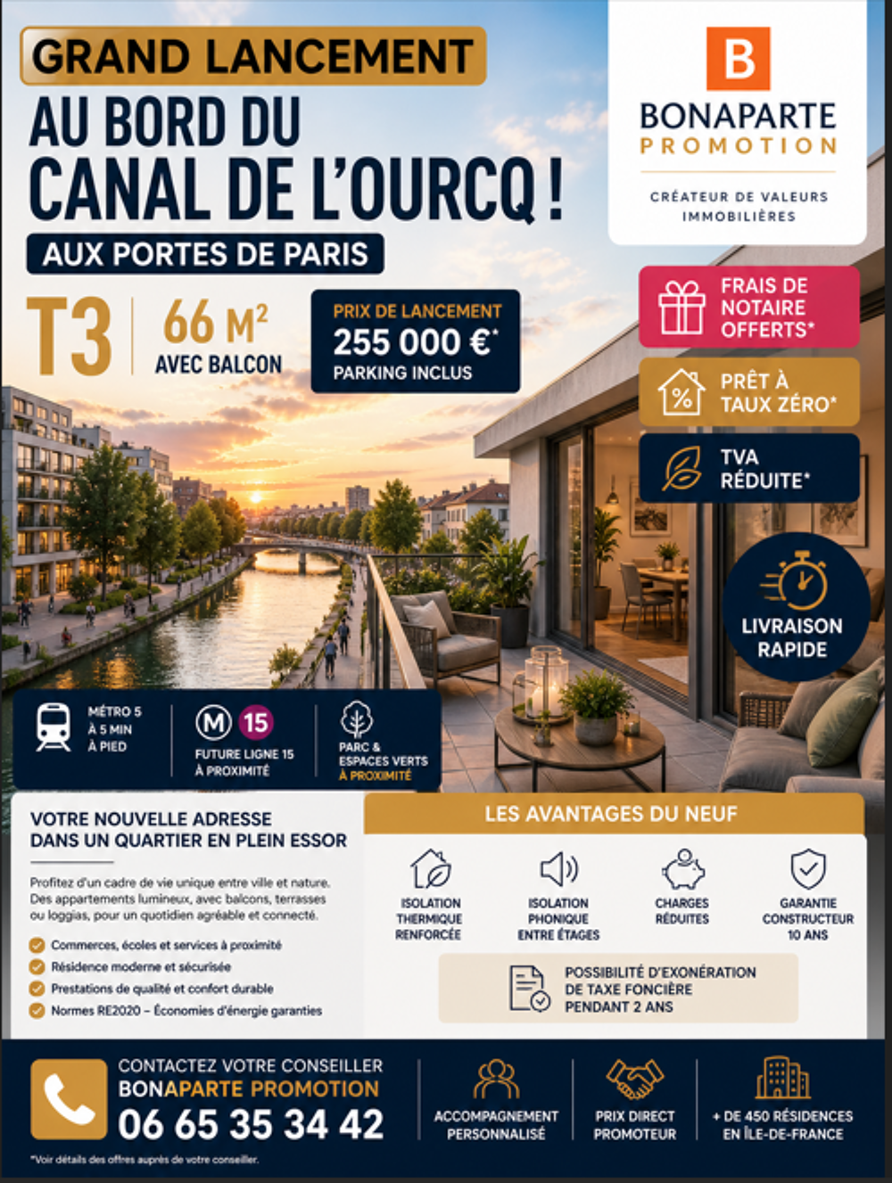 Vente Appartement AU BORD DU CANAL RETOUR DE LOT  PROCHE METRO T3  AVEC TERRASSE A SAISIR !!! Bobigny