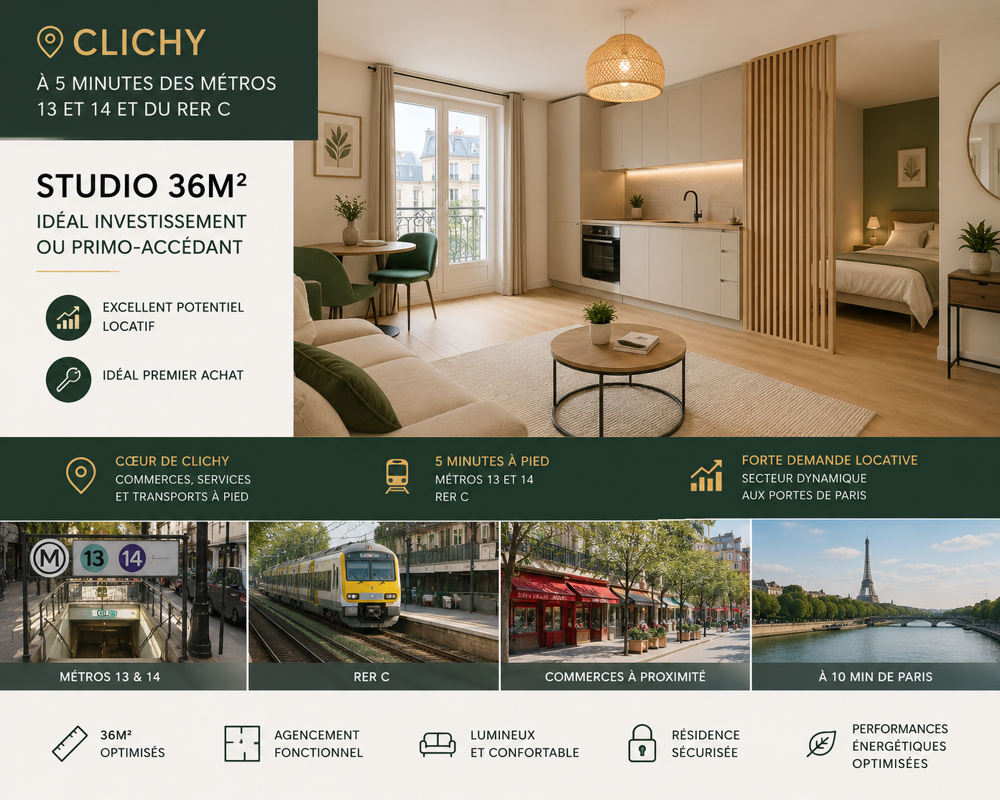 Vente Appartement studio 35m² connecté aux lignes 13, 14 et au RER C. Clichy
