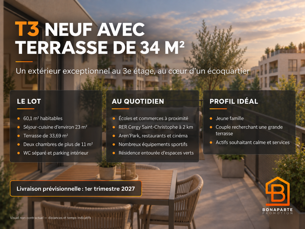 Vente Appartement 3 pieces  avec terrasse de 34 m² en étage à Cergy LIRAISON RAPIDE Cergy