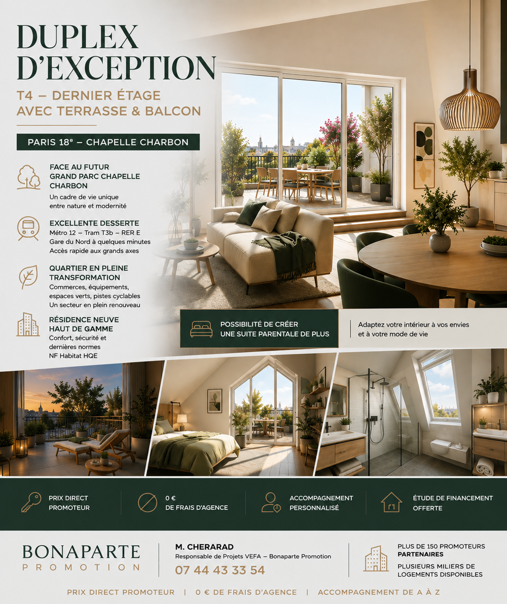 Vente Appartement MAGNIFIQUE DUPLEX T4 (T5 possible) 98m²-DERNIER ETAGE-30m² EXTERIEUR Paris 18