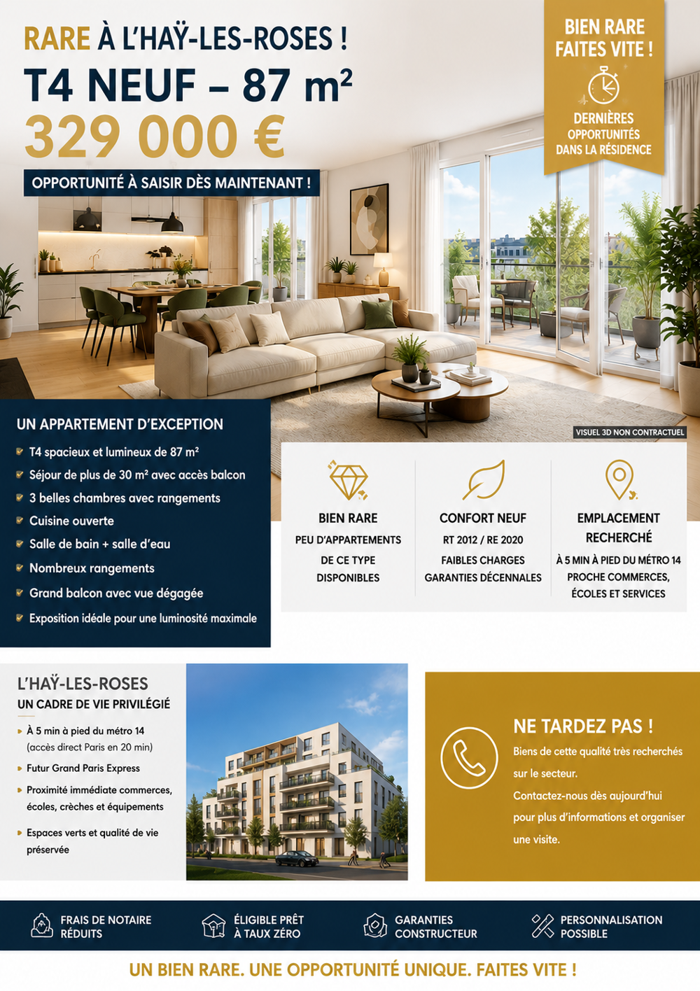 Vente Appartement RARE - T4 NEUF 87 m² + BALCON - 329 000 € - L'HAŸ-LES-ROSES - PROCHE MÉTRO 14 & GRAND PARIS L hay les roses