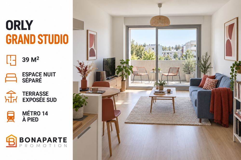 Vente Appartement -- GRAND STUDIO AVEC ESPACE NUIT ET TERRASSE – MÉTRO 14 Orly