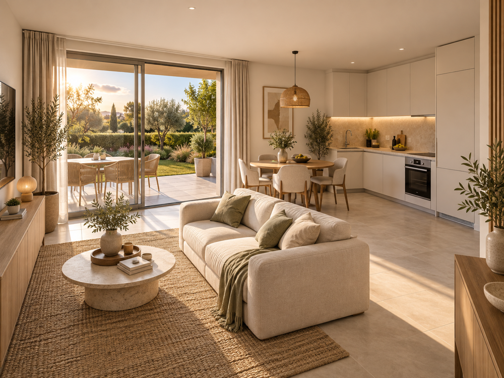 NOUVEAUTE : BEAU 2 PIECES EN REZ-DE-JARDIN, LUMINEUX, PISCINE ET VERDURE