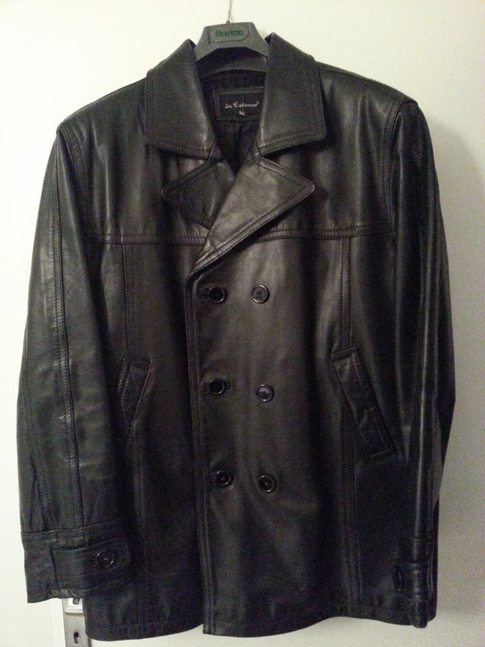 Veste crois&eacute;e en cuir noir style caban pour homme Vêtements
