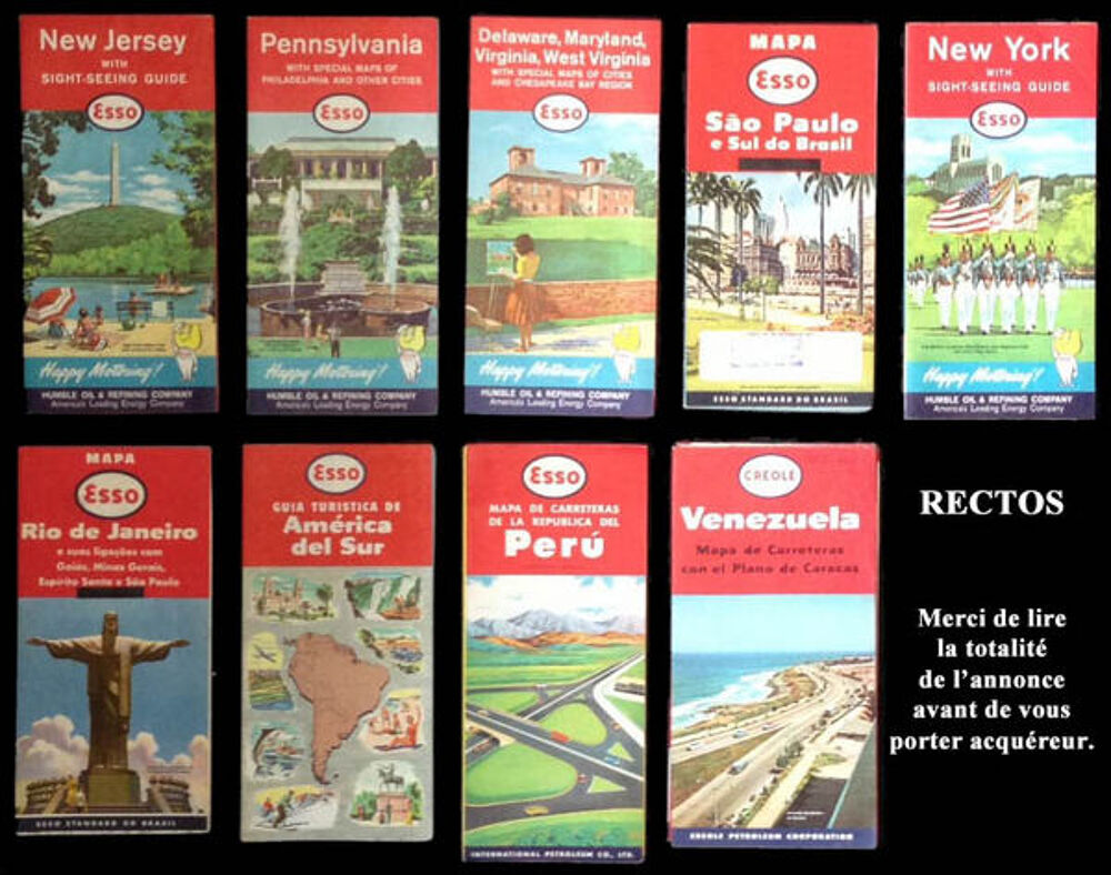 9 Cartes routi&egrave;res ESSO de diff&eacute;rents pays 1956-1962 