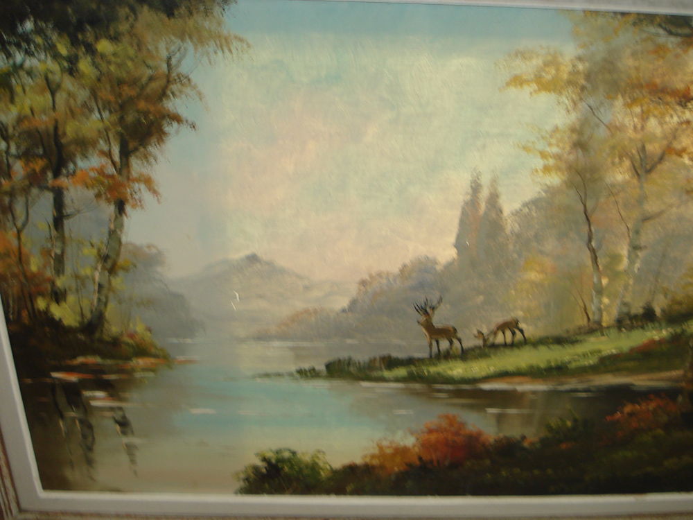  tableau sign&eacute; LASTEL paysage montagne rivi&egrave;re cerf Décoration
