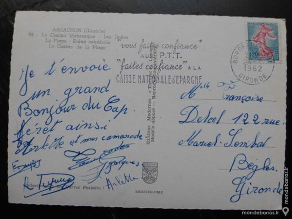 Carte postale couleur Arcachon 33 ann&eacute;e 1962 