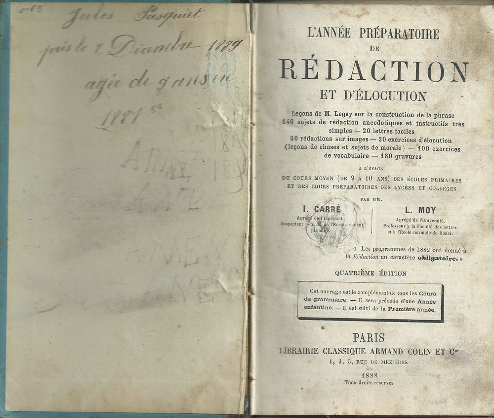 
livre , l&acute;ann&eacute;e pr&eacute;paratoire de r&eacute;daction 1888 Livres et BD